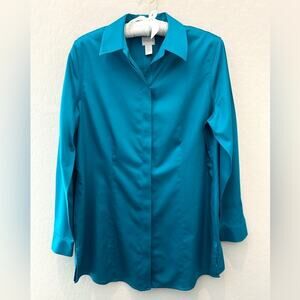 CHICO'S | Bright Teal No Iron Covered Button Panel Long Sleeve Blouse | Small